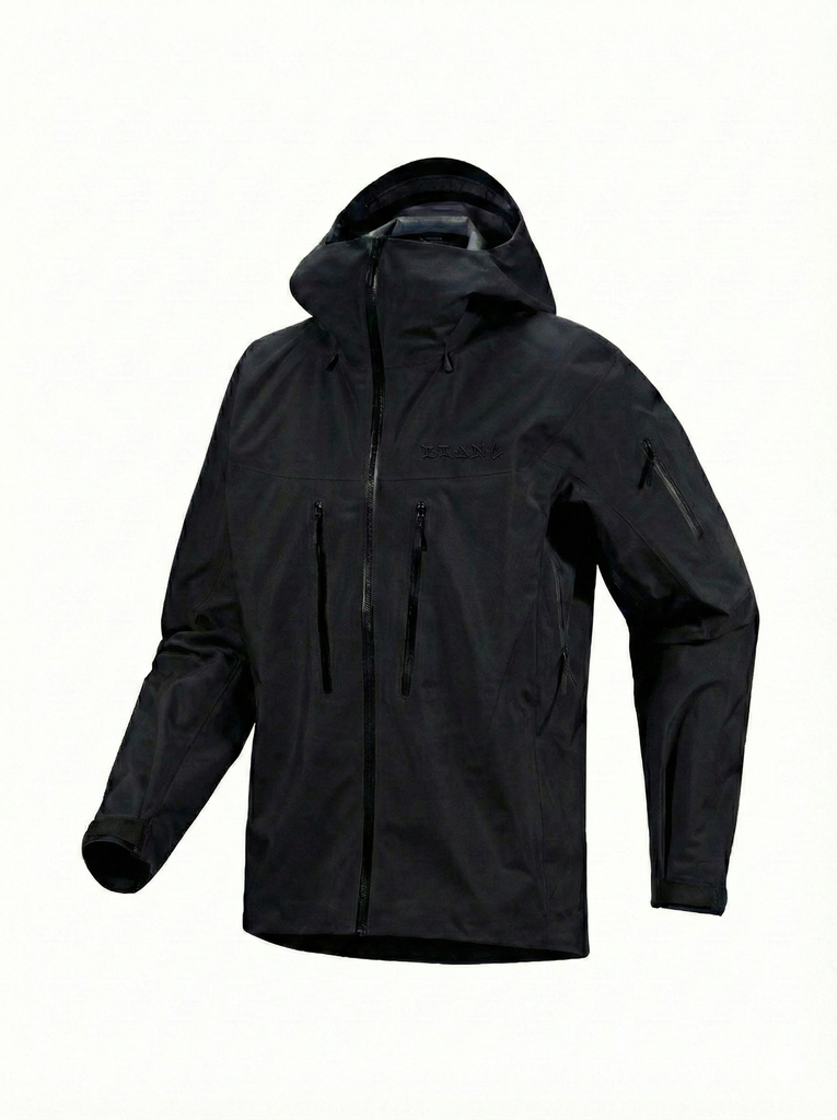 Black technical shell with a hood and chest mounted pockets on a white background.