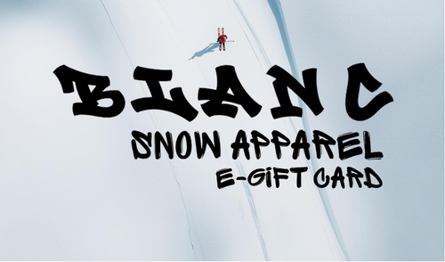 A promotional graphic for a Blanc Snow Apparel e-gift card, featuring the text 'BLANC SNOW APPAREL E-GIFT CARD' in a stylized black font over a snowy white background with a small skier illustration.
