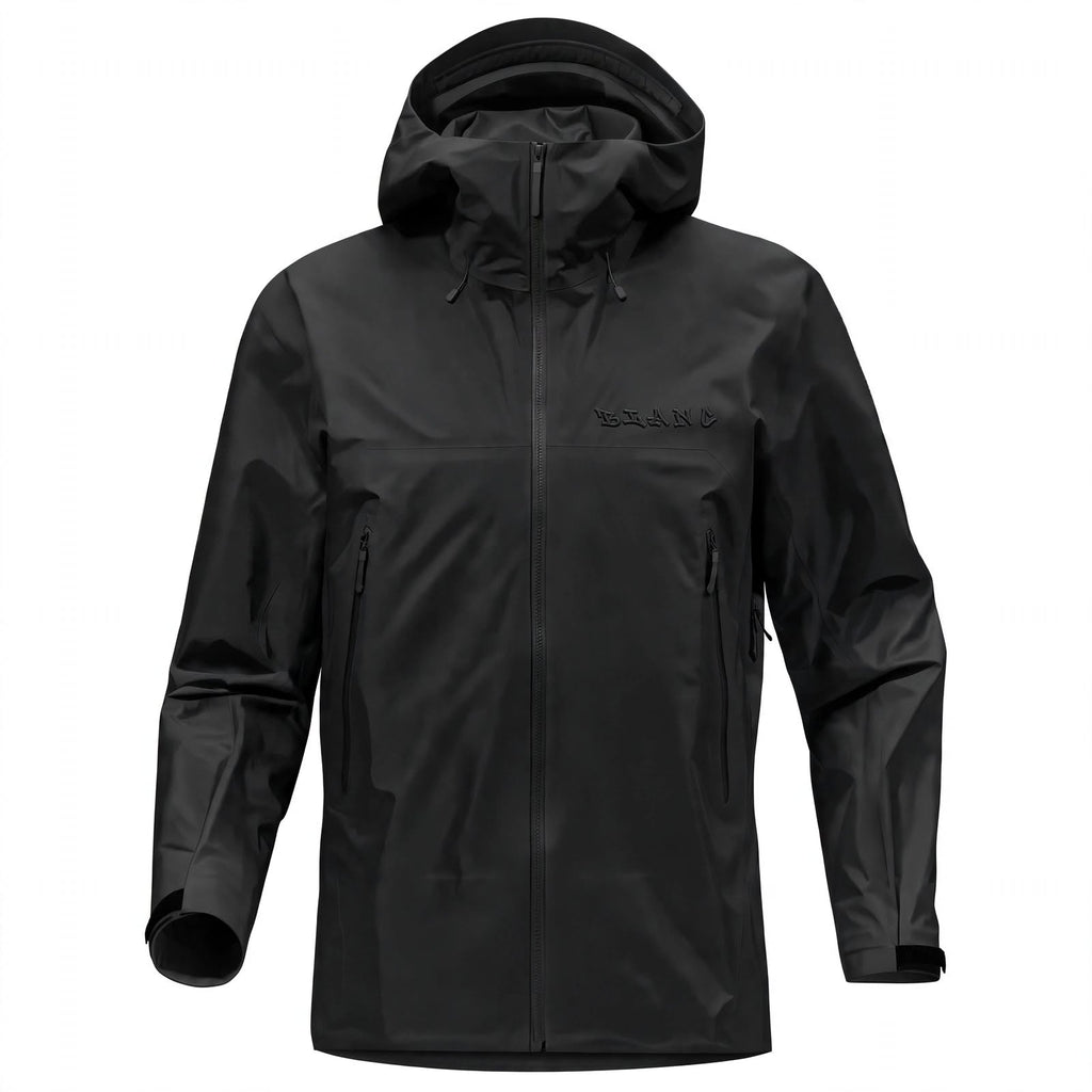 A black hooded rain shell with a full front zipper, zippered hand pockets, and a subtle embossed brand logo on the left chest, shown against a plain white background.