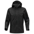 A black hooded rain shell with a full front zipper, zippered hand pockets, and a subtle embossed brand logo on the left chest, shown against a plain white background.