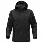 A black hooded rain shell with a full front zipper, zippered hand pockets, and a subtle embossed brand logo on the left chest, shown against a plain white background.