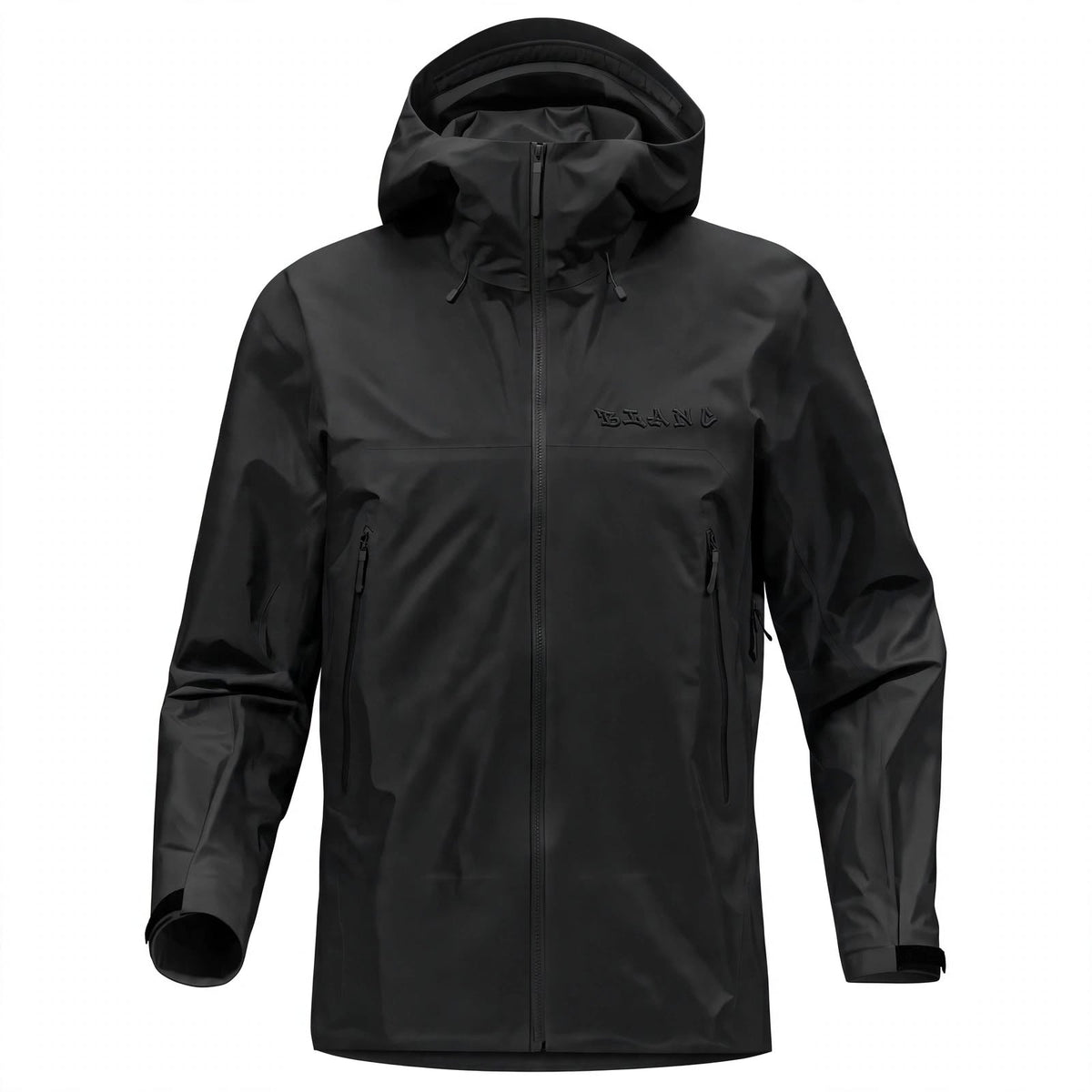 A black hooded rain shell with a full front zipper, zippered hand pockets, and a subtle embossed brand logo on the left chest, shown against a plain white background.