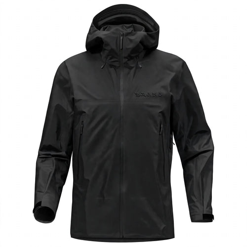 A black hooded rain shell with a full front zipper, zippered hand pockets, and a subtle embossed brand logo on the left chest, shown against a plain white background.