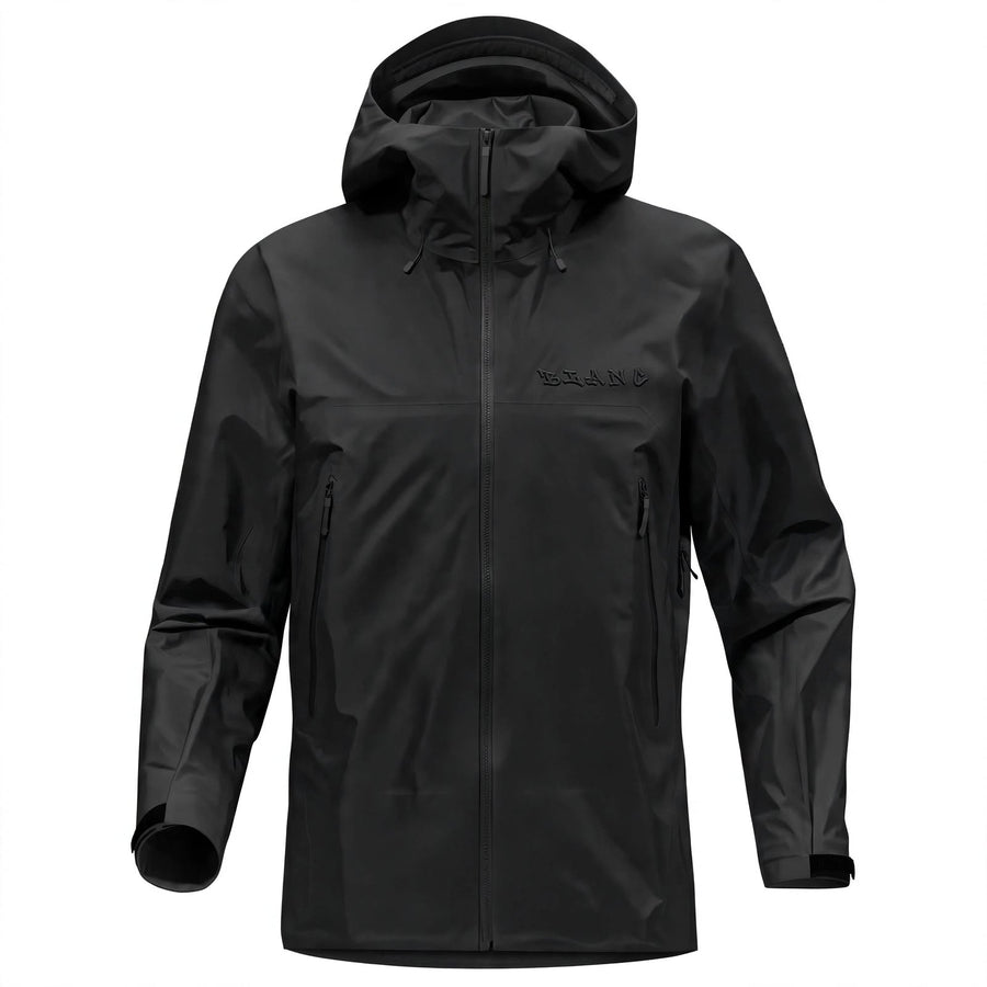 A black hooded rain shell with a full front zipper, zippered hand pockets, and a subtle embossed brand logo on the left chest, shown against a plain white background.