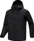 A black hooded softshell jacket with a full front zipper, zippered hand pocket, and a subtle embossed brand logo on the left chest, shown on a plain white background.