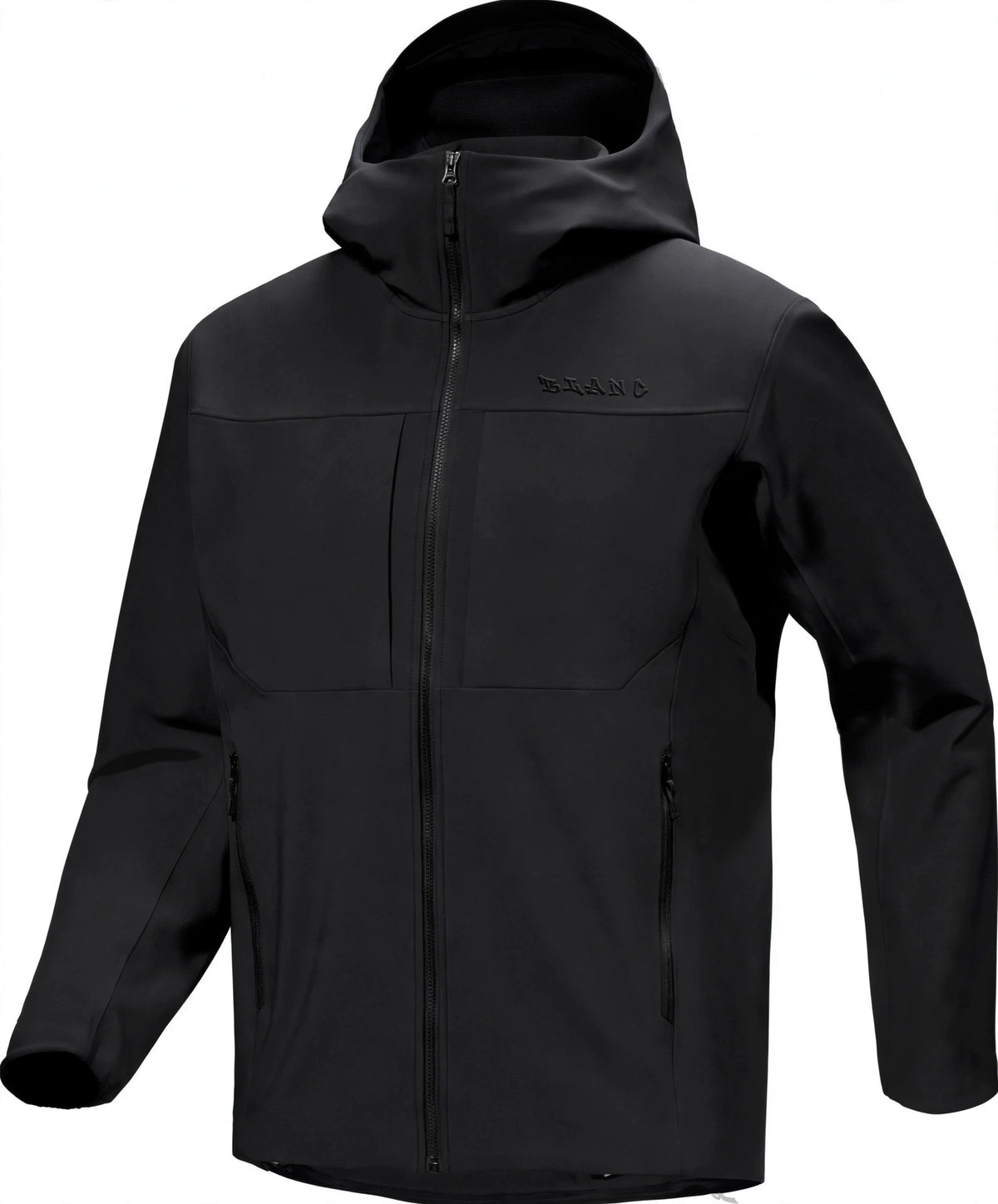 A black hooded softshell jacket with a full front zipper, zippered hand pocket, and a subtle embossed brand logo on the left chest, shown on a plain white background.