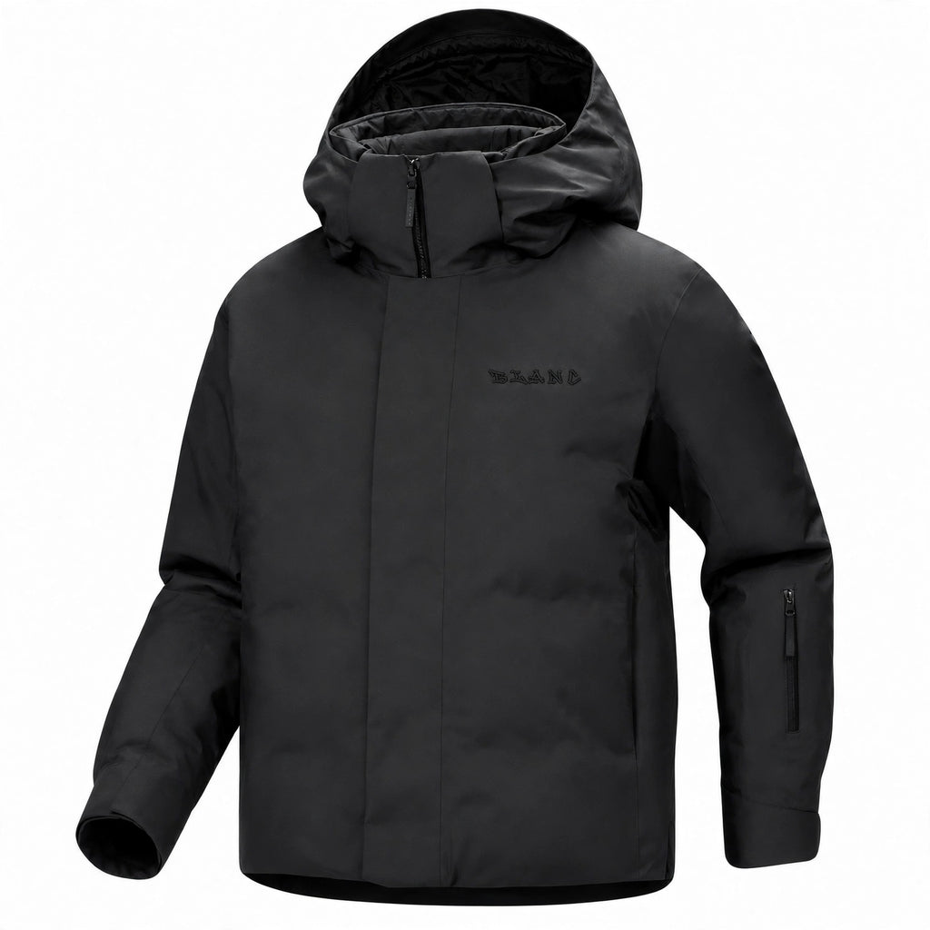 A black hooded outdoor jacket with a tone on tone embroidered 'BLANC' logo on the left chest, displayed on a clean white background.