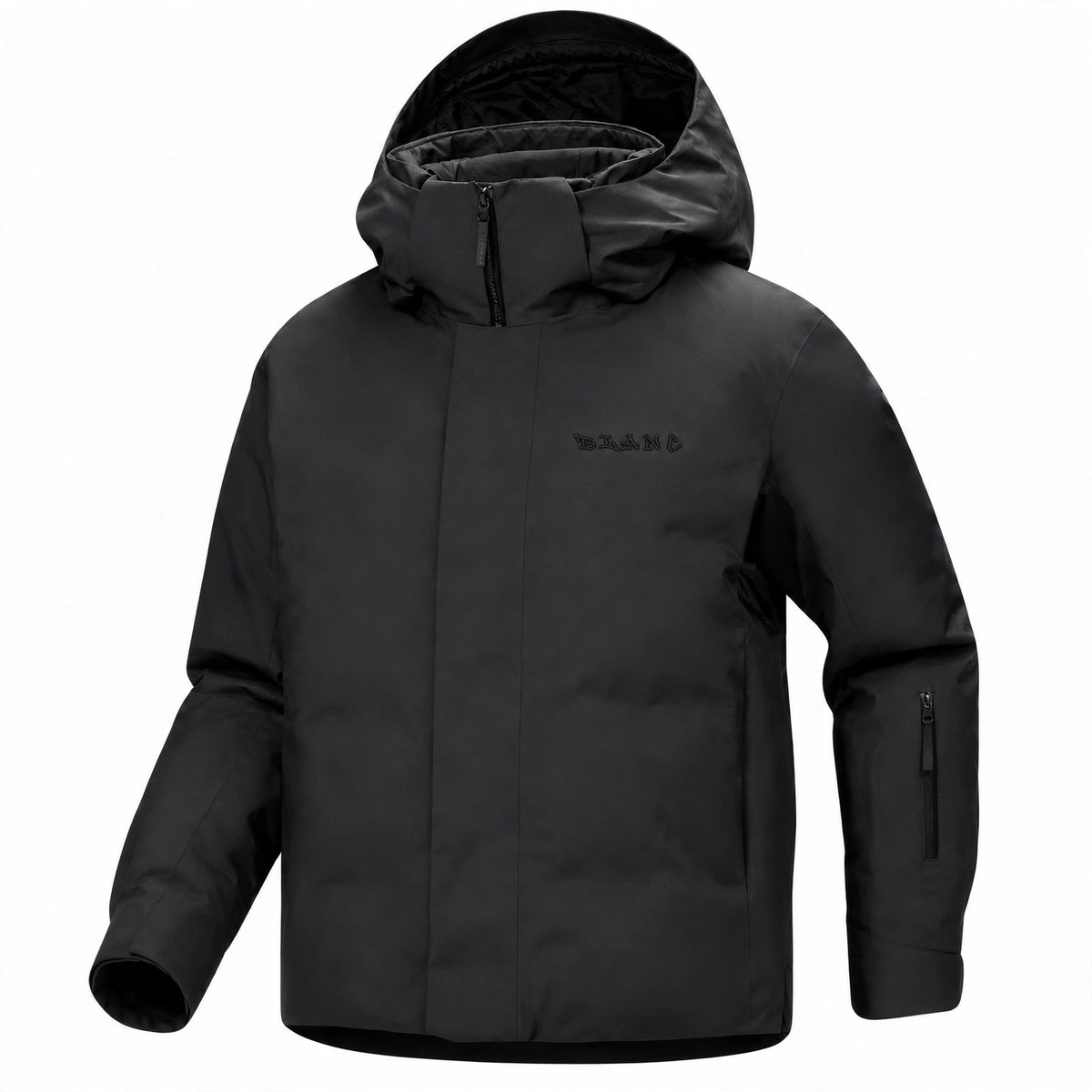 A black hooded outdoor jacket with a tone on tone embroidered 'BLANC' logo on the left chest, displayed on a clean white background.