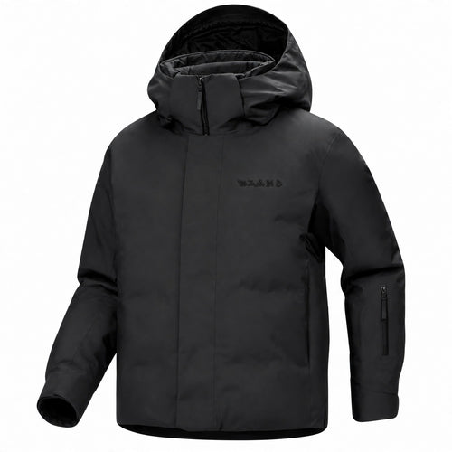 A black hooded outdoor jacket with a tone on tone embroidered 'BLANC' logo on the left chest, displayed on a clean white background.