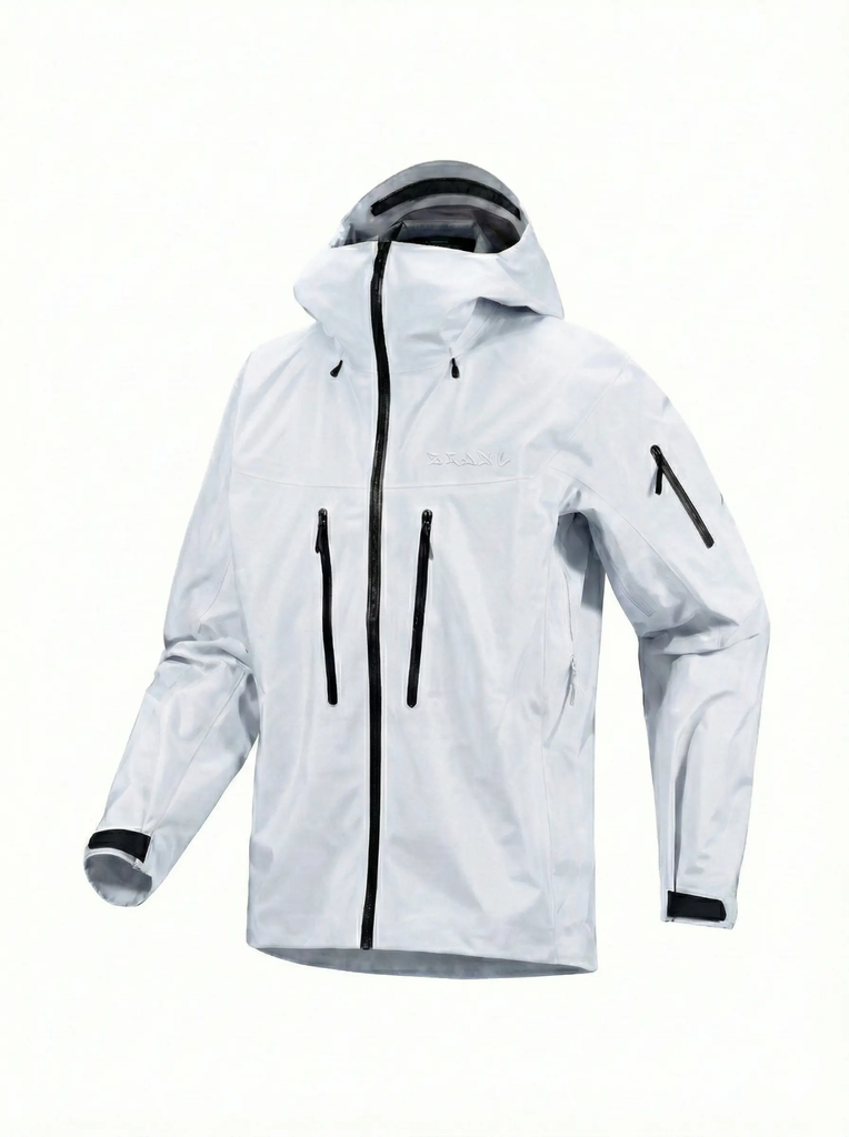 White technical shell with a hood and chest mounted pockets on a white background.