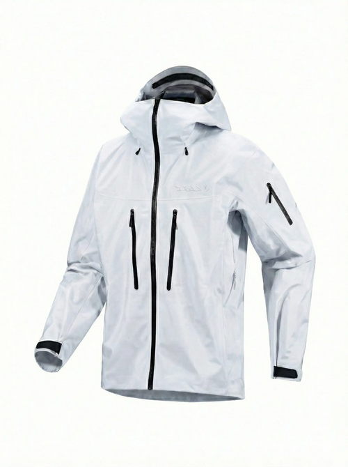 White technical shell with a hood and chest mounted pockets on a white background.