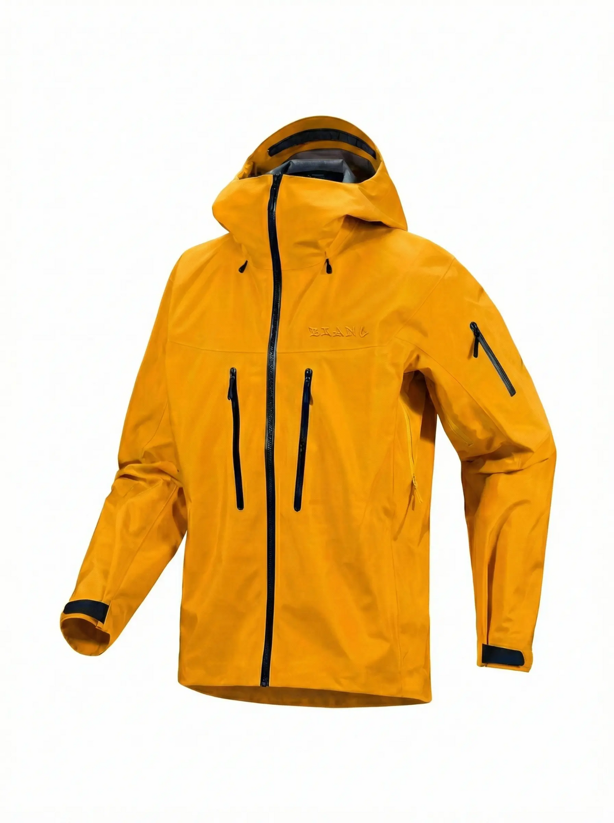 Yellow technical shell with a hood and chest mounted pockets on a white background.