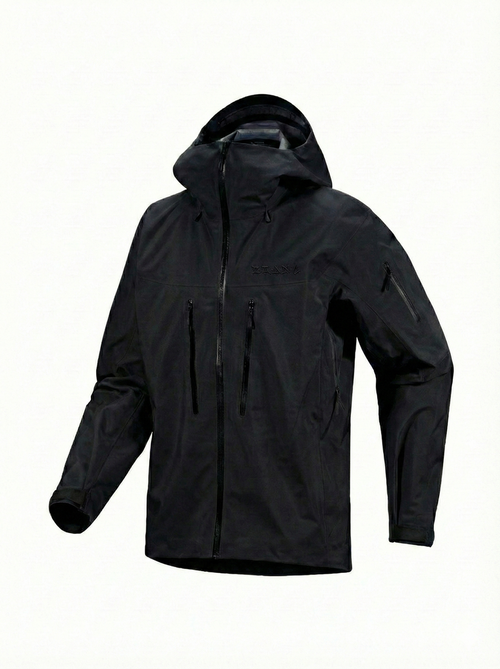 Black technical shell with a hood and chest mounted pockets on a white background.