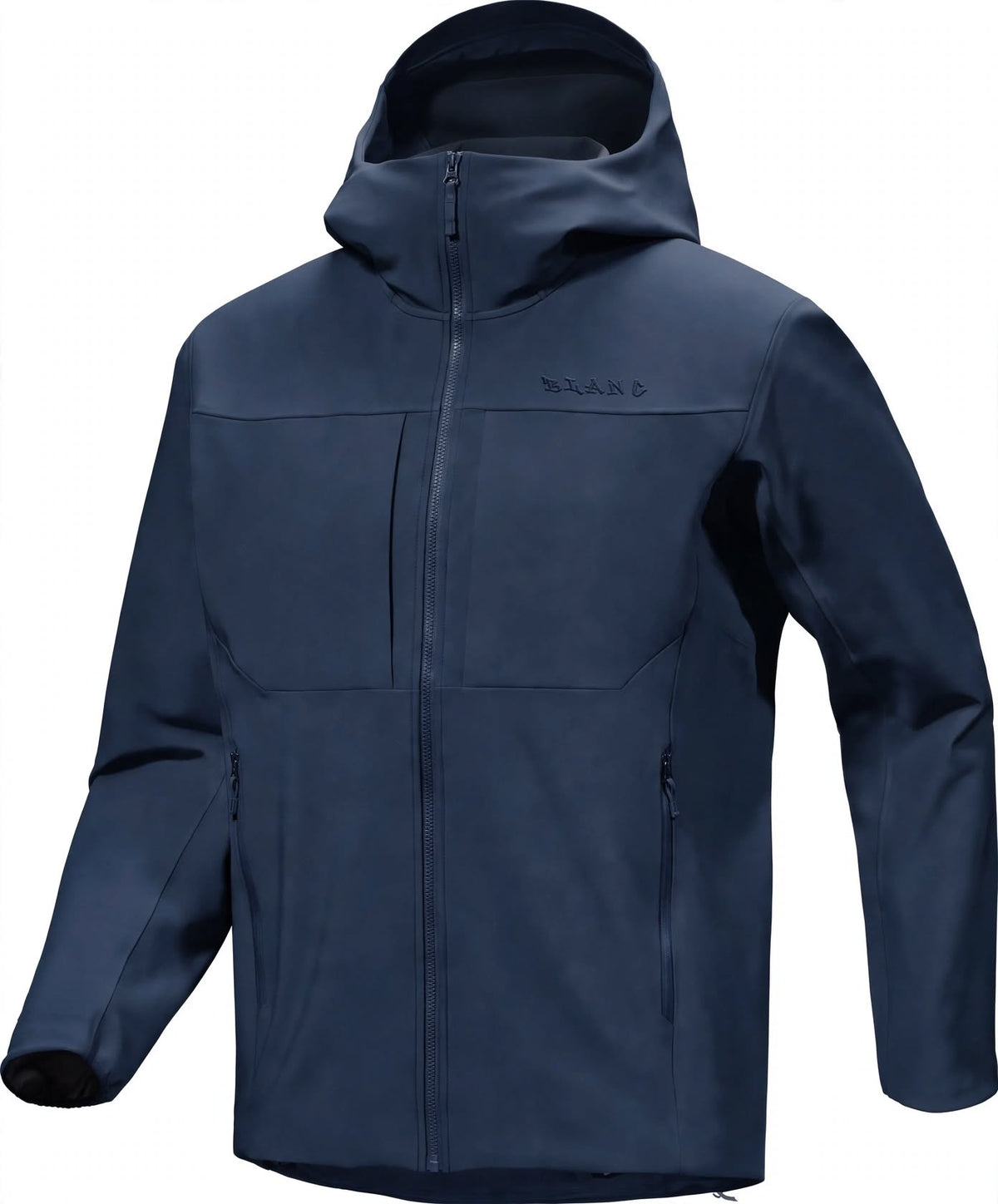 A dark navy hooded softshell jacket with a full front zipper, zippered hand pocket, and a subtle embossed brand logo on the left chest, shown on a plain white background.
