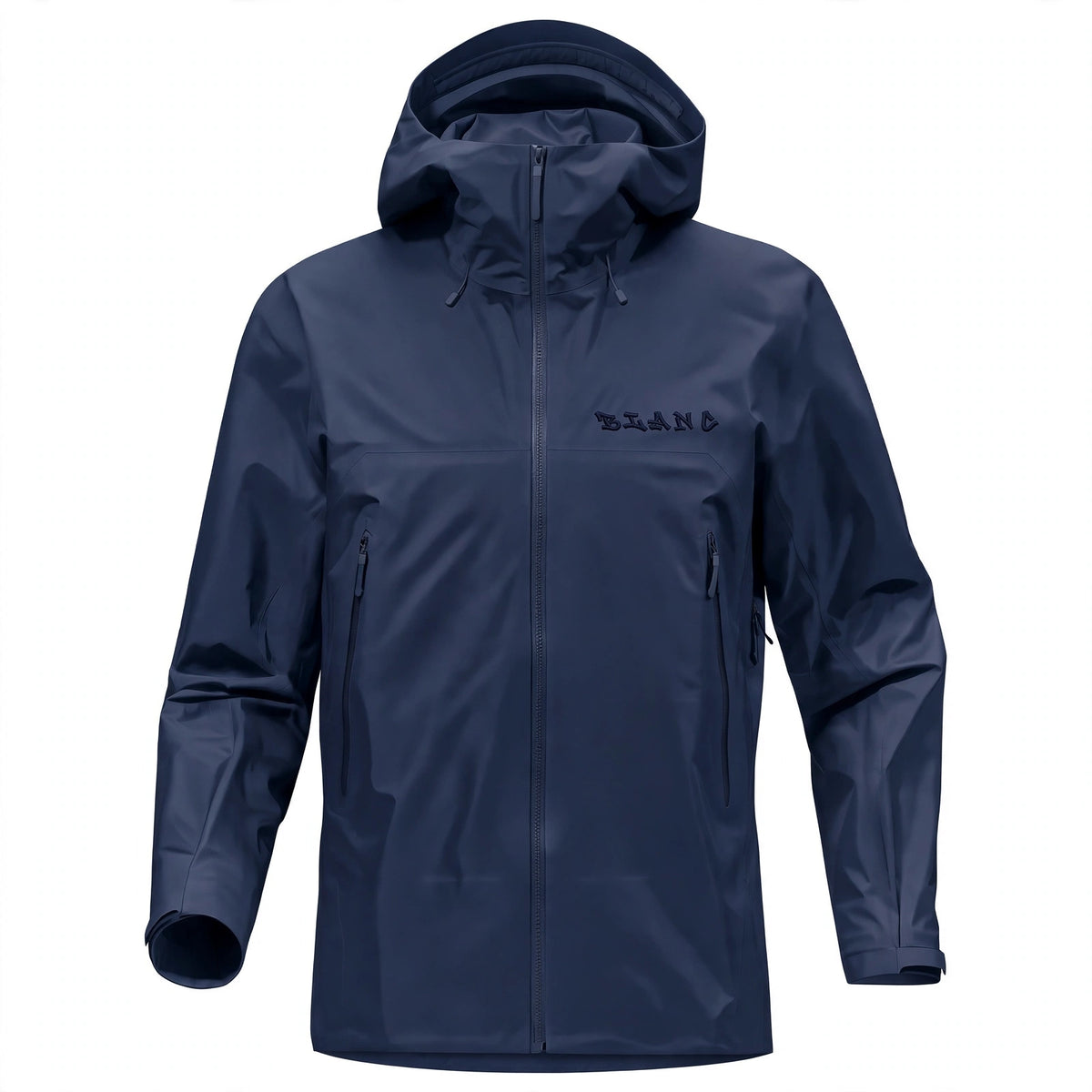 A navy blue hooded rain shell with a full front zipper, zippered hand pockets, and a subtle embossed brand logo on the left chest, shown against a plain white background.