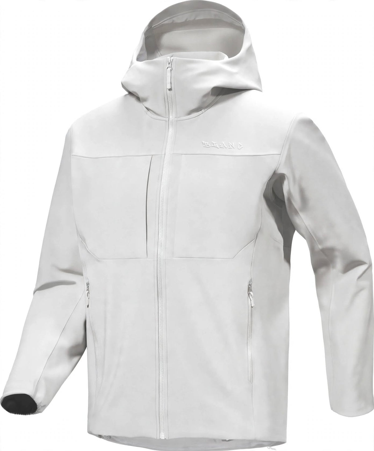A crisp white hooded softshell jacket with a full front zipper, zippered hand pocket, and a subtle embossed brand logo on the left chest, shown on a plain white background.