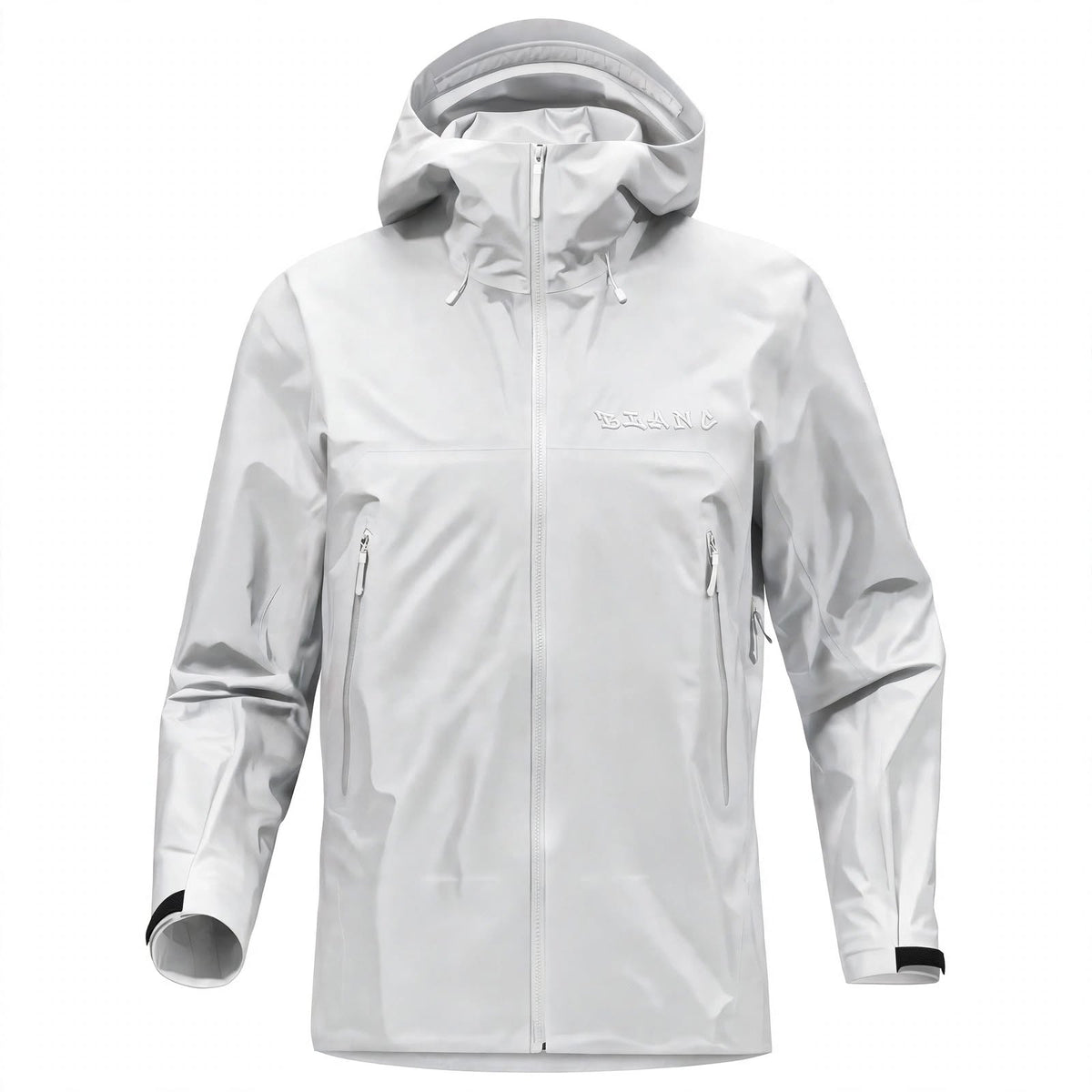 A white hooded rain shell with a full front zipper, zippered hand pockets, and a subtle embossed brand logo on the left chest, shown against a plain white background.