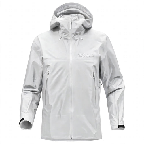 A white hooded rain shell with a full front zipper, zippered hand pockets, and a subtle embossed brand logo on the left chest, shown against a plain white background.